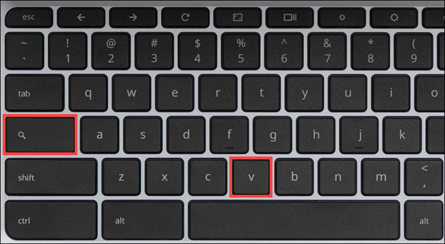 Клавиатура Chromebook с подсвеченными клавишами Search и V для доступа к истории буфера обмена.