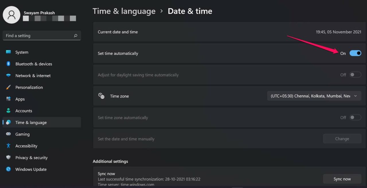 enable set time automatically in Windows 11