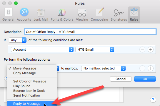 Выбор действия Reply to Message в правиле