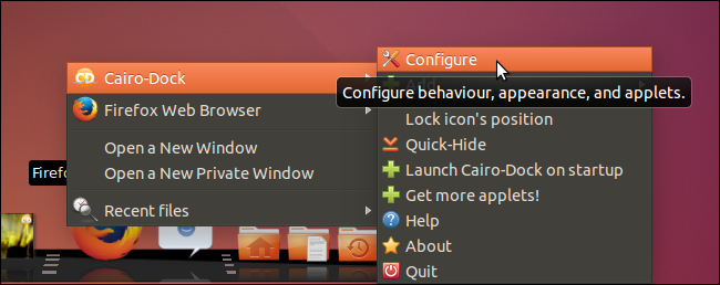 Выбор Configure для Cairo-Dock