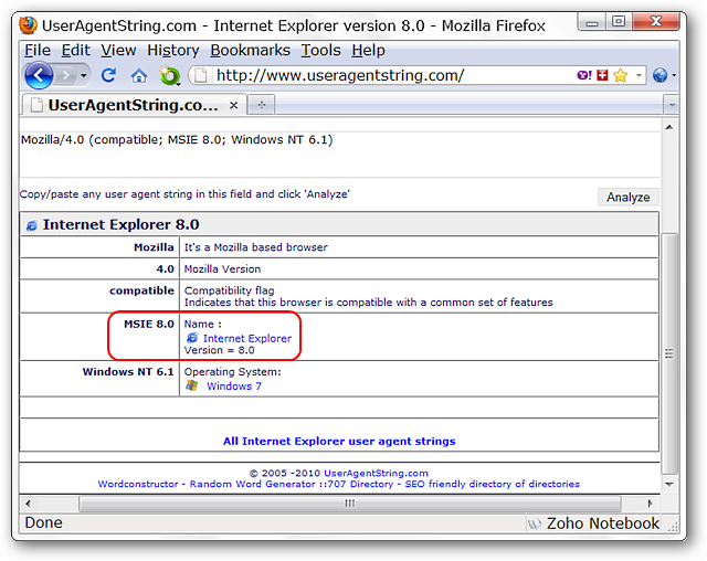 Conferma di riconoscimento come Internet Explorer 8