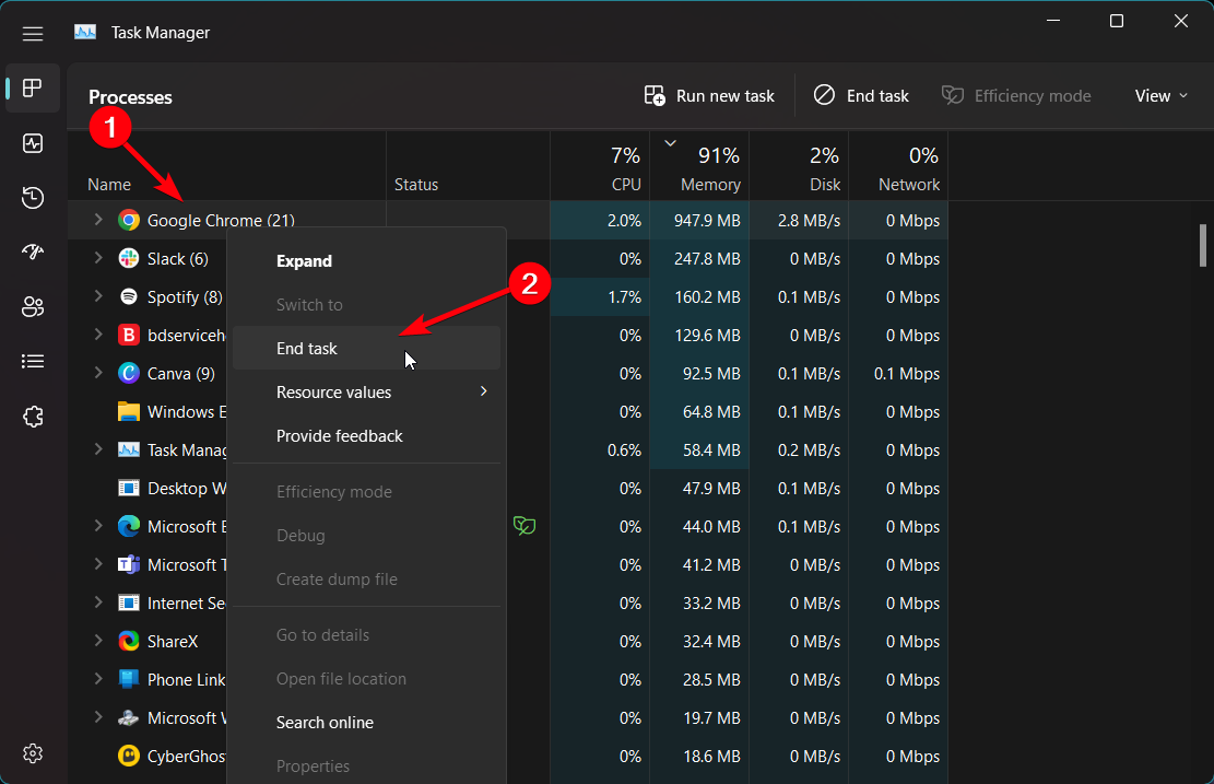 Завершение процесса в Диспетчере задач