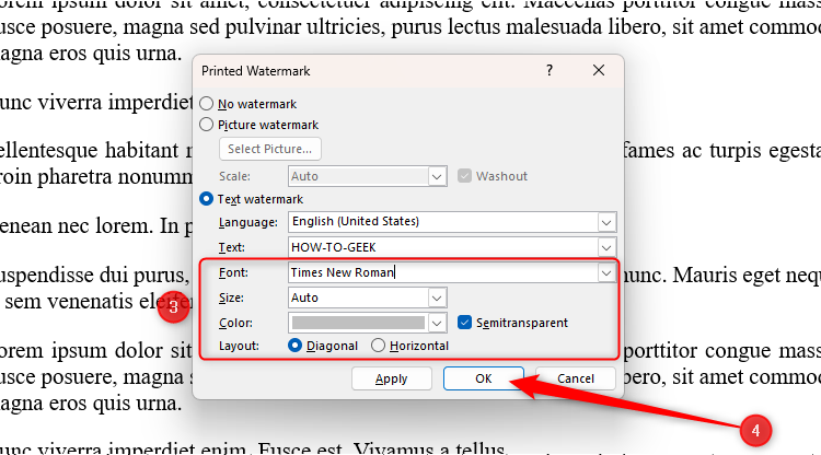 Диалоговое окно Распечатанный водяной знак с настройками шрифта, размера, цвета и прозрачности.