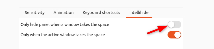 Настройки Intellihide у расширения Hide Top Bar