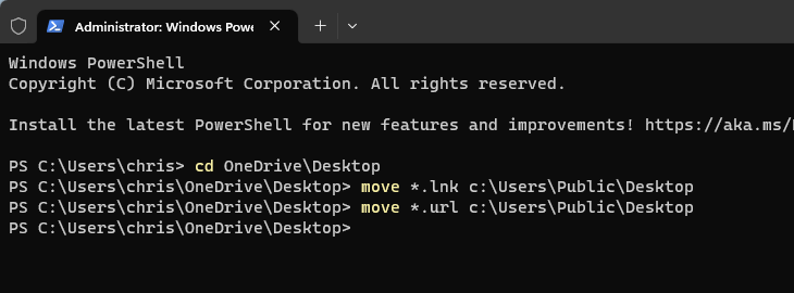 Используйте команду move, чтобы переместить файлы LNK и URL в общую папку Desktop.