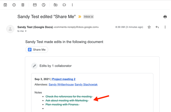 Письмо-уведомление с информацией о сделанных правках