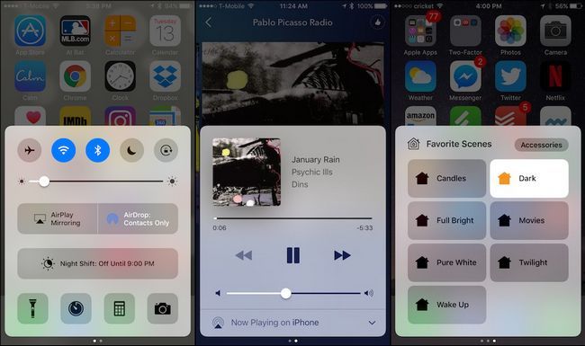 Пункт управления iOS 10 с музыкальной панелью и панелью управления домом