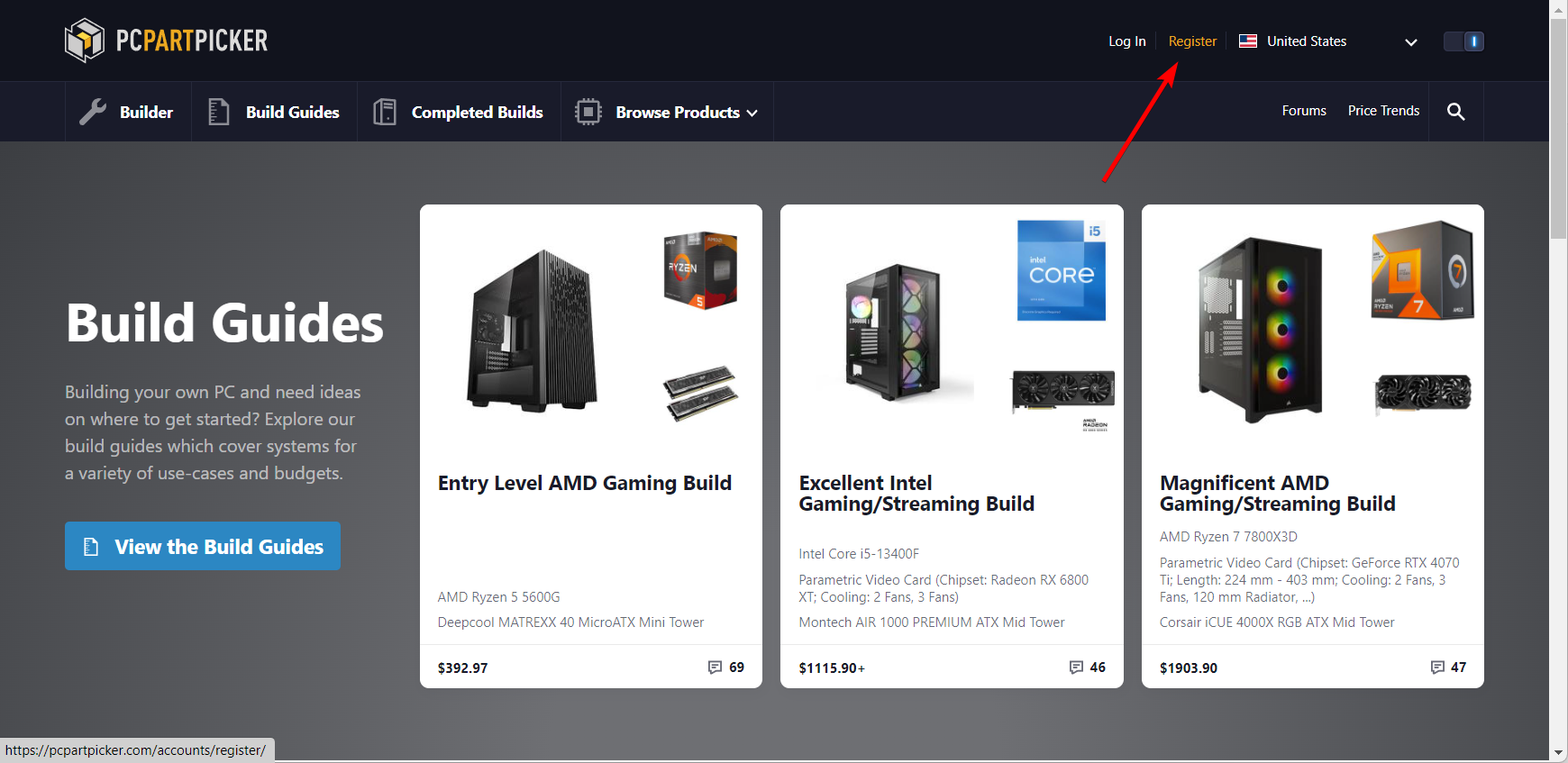 Кнопка регистрации на сайте PCPartPicker