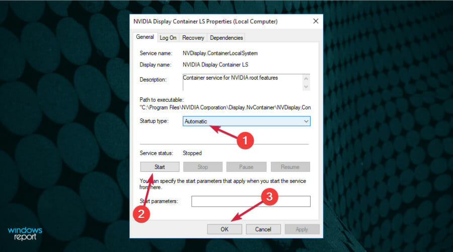 Окно свойств службы с кнопкой Запустить