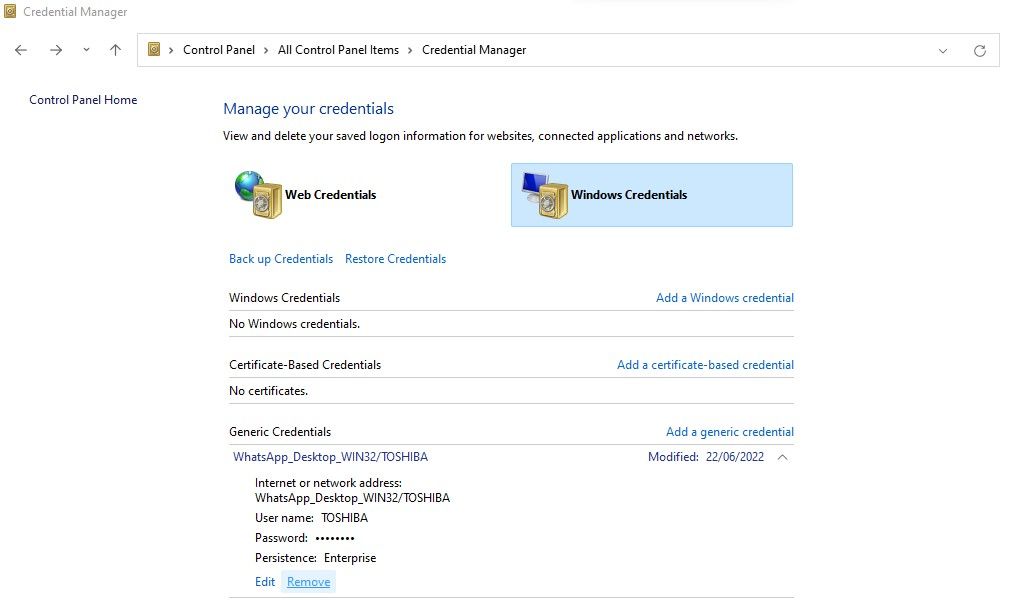 Редактирование или удаление существующей учётной записи в Credential Manager