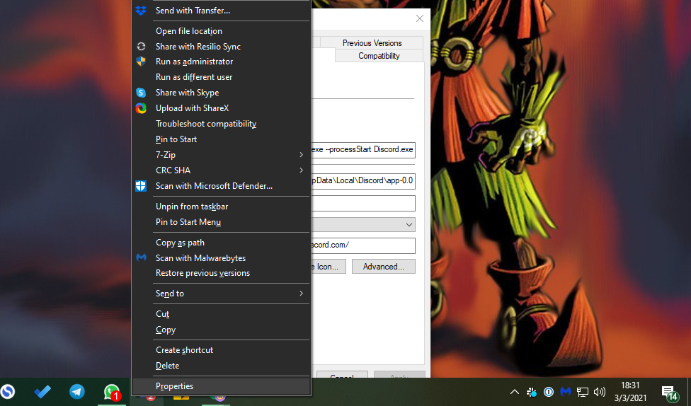 Свойства значка на панели задач
