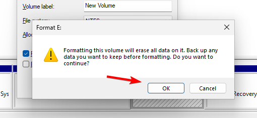 Подтверждение форматирования раздела