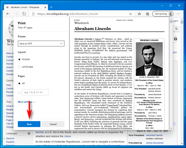 Click Save in Print Window in Microsoft Edge