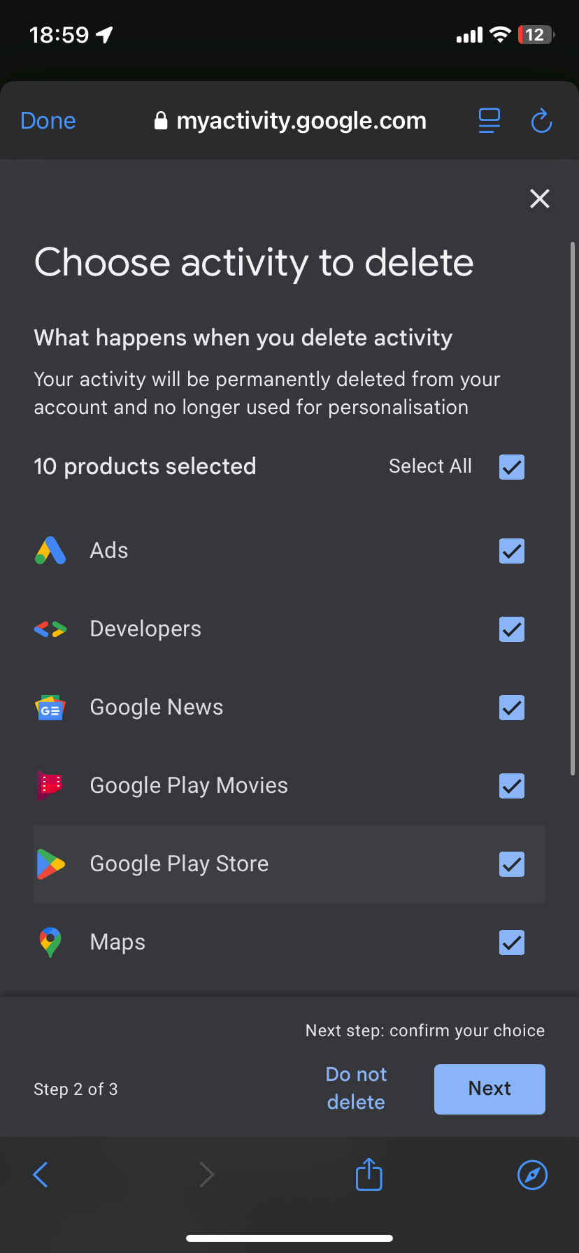 Выбор активности для удаления в аккаунте Google