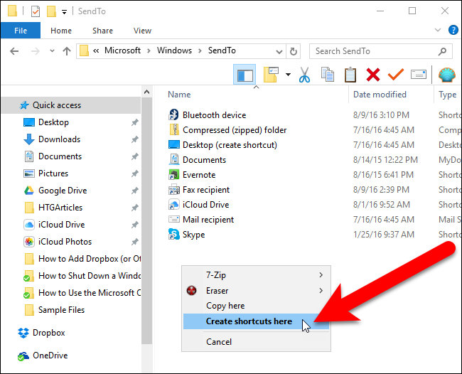 Выбор создания ярлыка