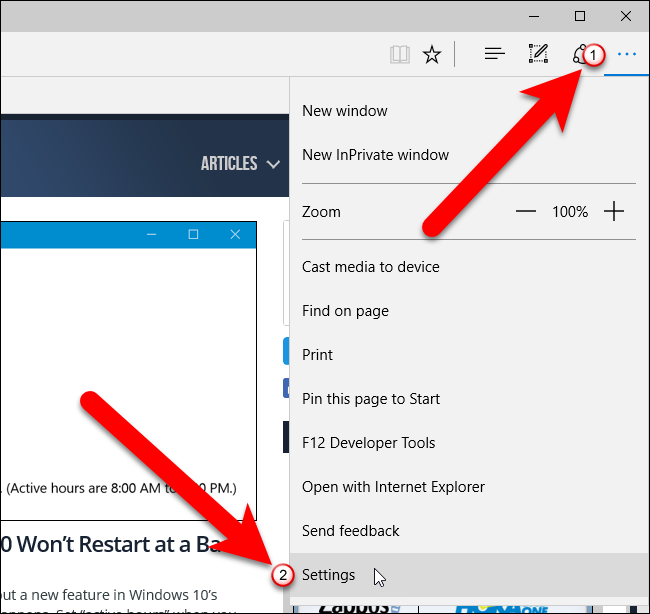 Открытие Settings в Microsoft Edge
