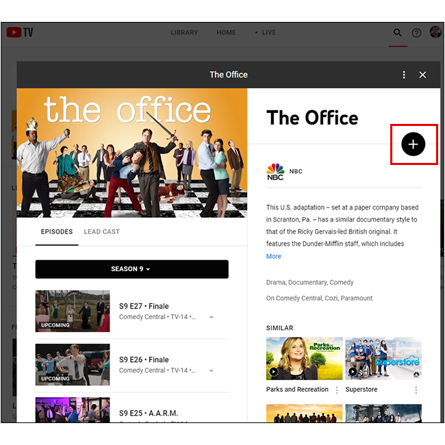 Нажмите плюс, чтобы сохранить шоу или фильм в библиотеке