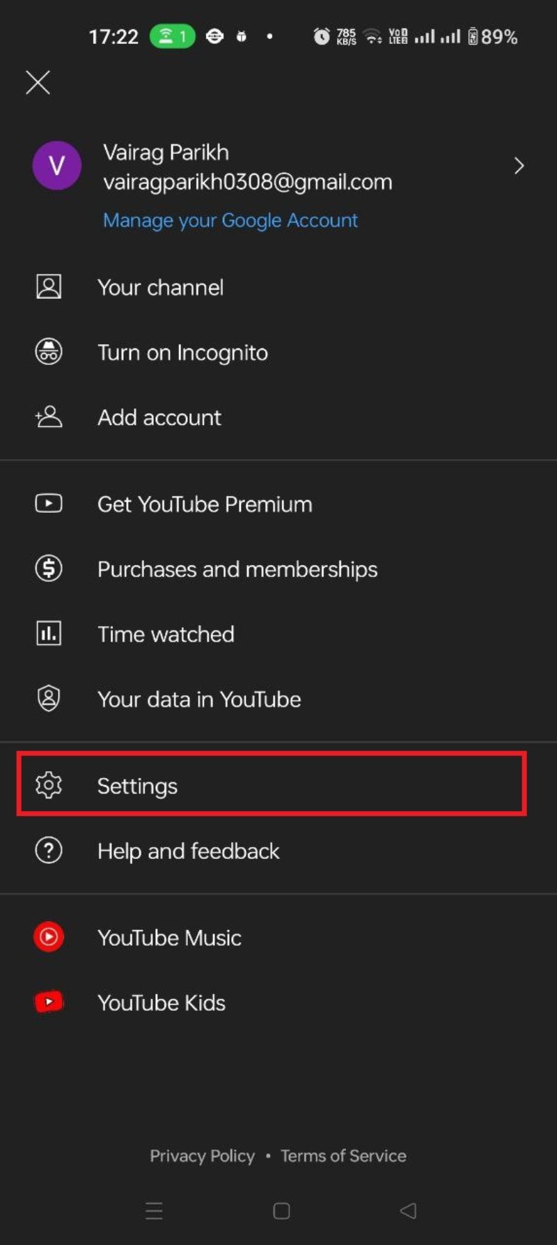 Écran Paramètres de YouTube sur Android : Historique et confidentialité