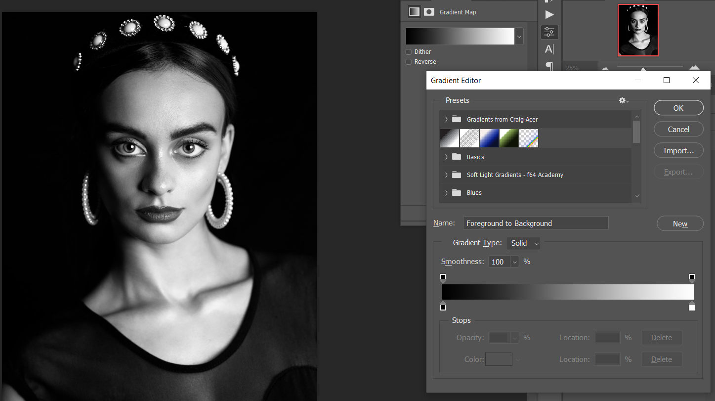 Редактор градиента с настройками чёрного и белого