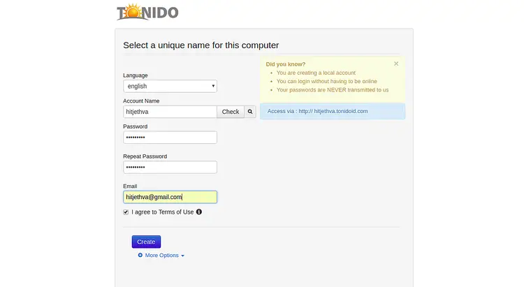 Форма создания аккаунта Tonido