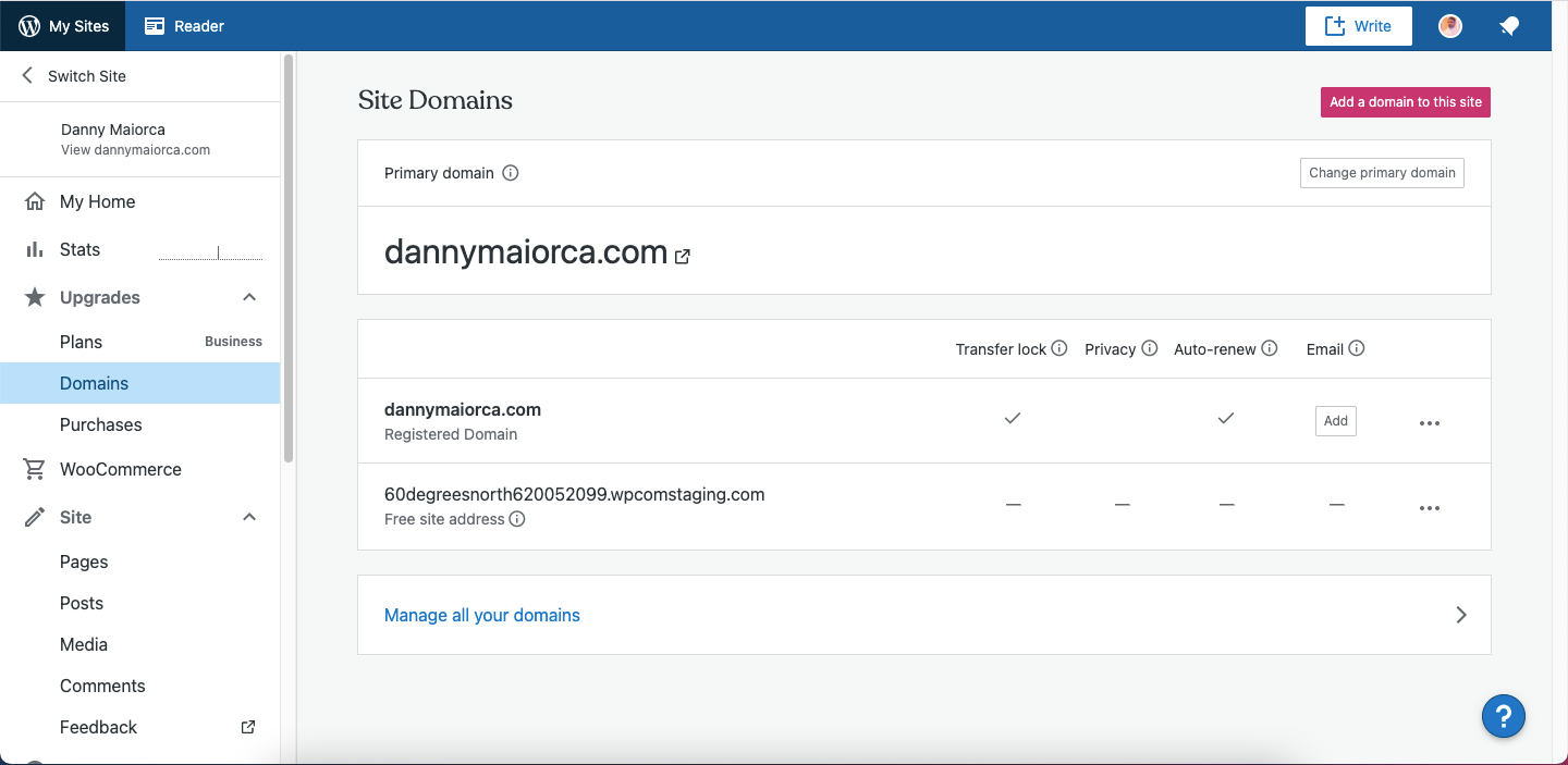 Первая вкладка настроек домена в WordPress