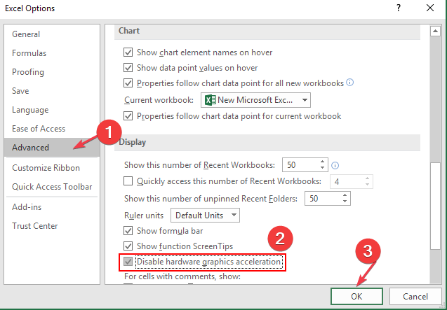 Отключение аппаратного ускорения в параметрах Excel