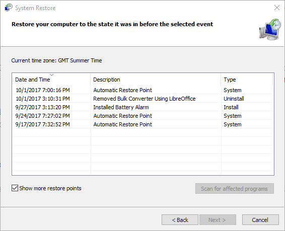Выбор точки восстановления в Windows