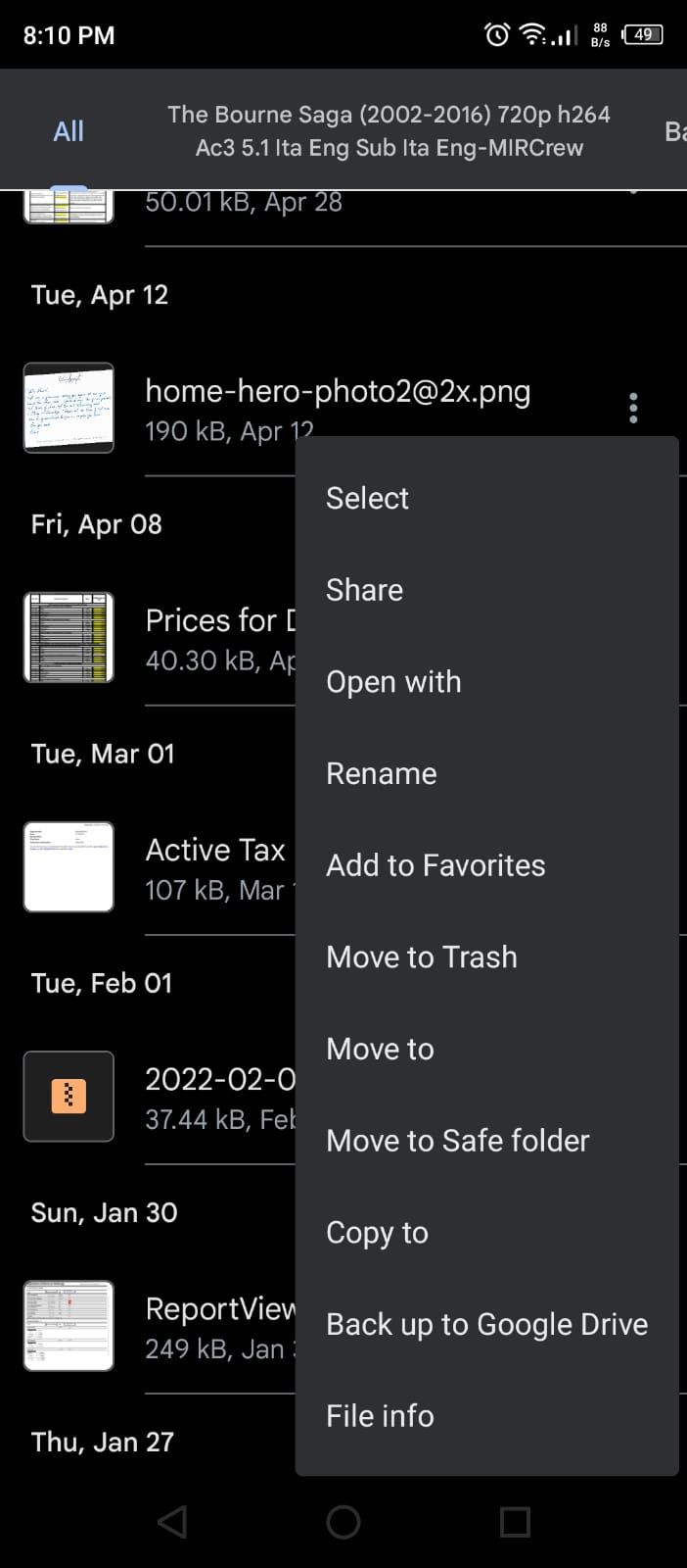 Опция обмена в меню Files by Google
