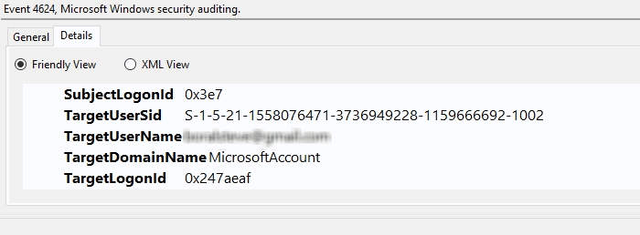 Детали Logon с указанием TargetUserName