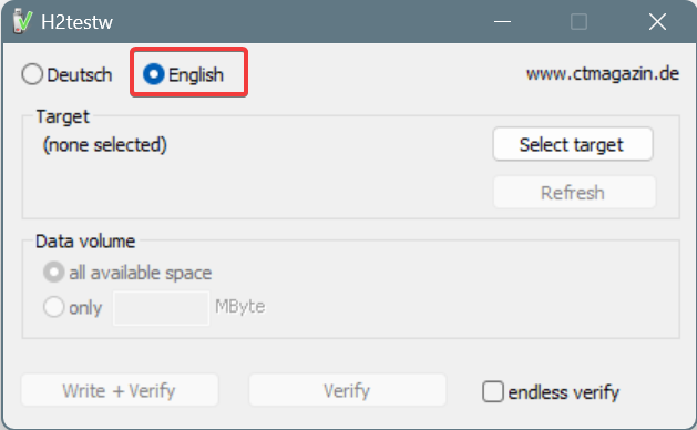Интерфейс H2testw — выбор языка
