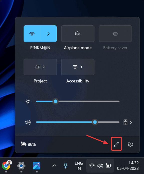 Карандаш для редактирования плиток в Центре действий
