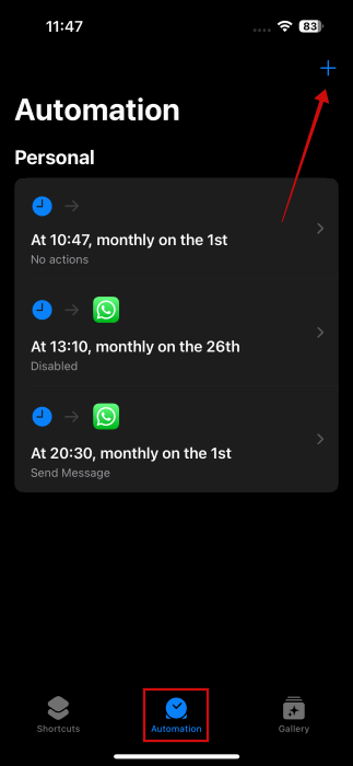 Creating new automation in Shortcuts app on iPhone.