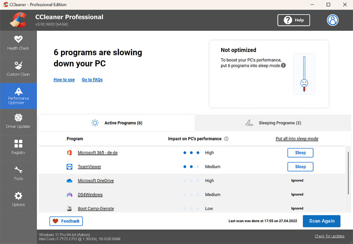 Скриншот Оптимизатора производительности CCleaner