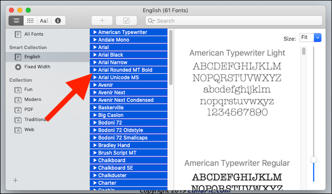 Окно Font Book: выделен шрифт, подсказка сочетания клавиш Cmd+A