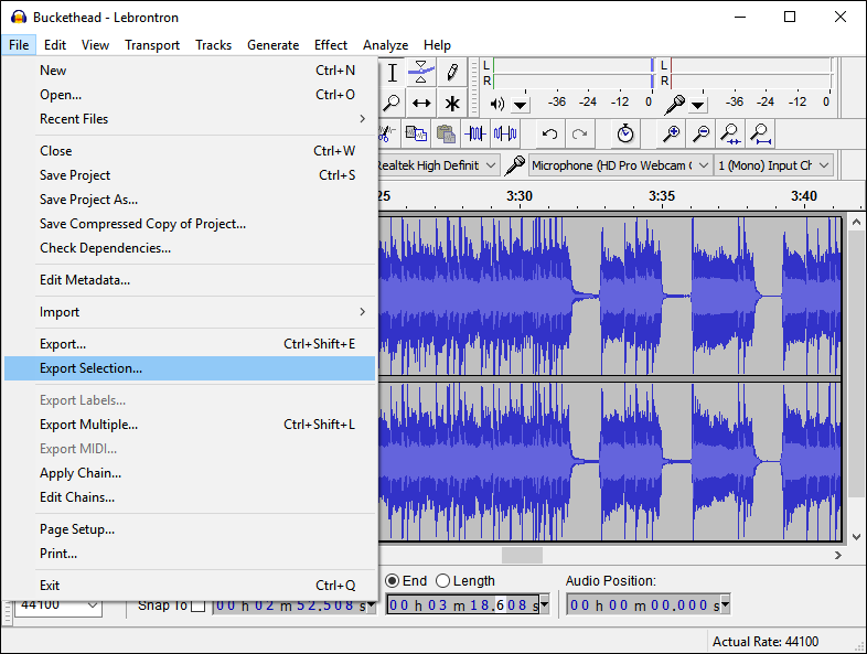 Экспорт выбранного фрагмента как MP3 в Audacity