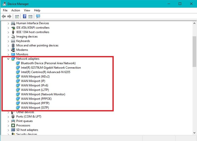 Разворачивание раздела Сетевые адаптеры для просмотра установленных адаптеров