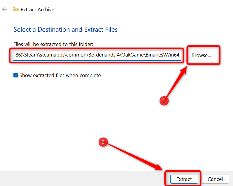 Capture d'écran du dossier OptiScaler montrant la fenêtre des fichiers et l'invite d'extraction choisie pour Borderlands 4.