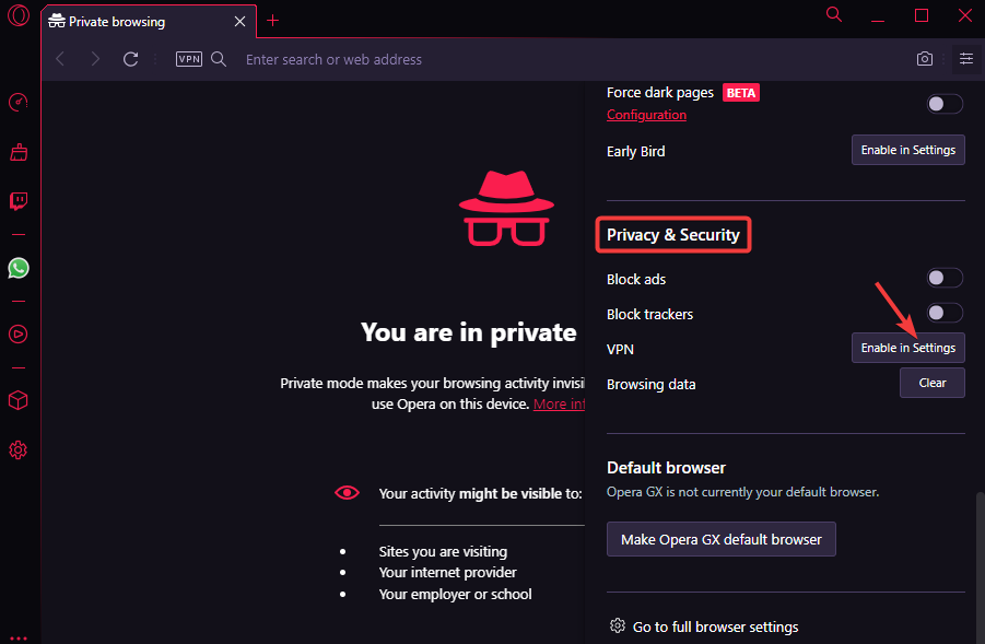 Параметр VPN в настройках Opera GX