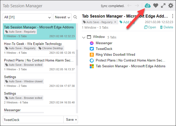 Интерфейс расширения с кнопкой синхронизации
