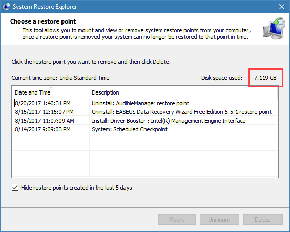 Пример освобождённого места после удаления точки восстановления