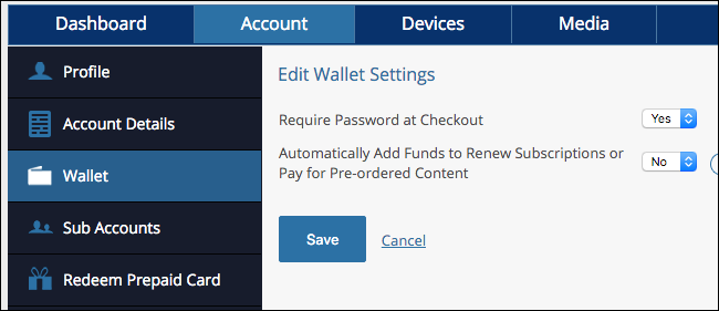 Страница настроек кошелька в Account Management для включения требования пароля при покупке