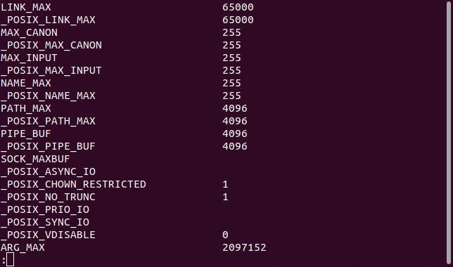 Вывод getconf -a и просмотр через less