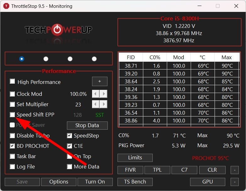 Снимок: настройка Speed Shift в ThrottleStop