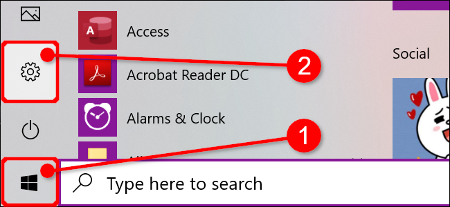 Открыть приложение Параметры из меню Пуск