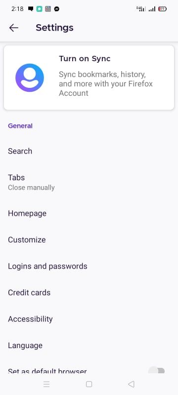 Настройки поиска в Firefox на Android