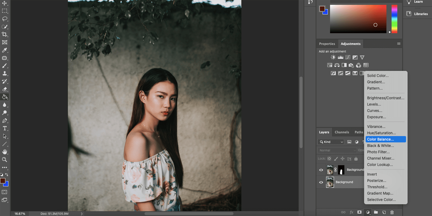 Параметры Color Balance для смещения тонов фонового слоя