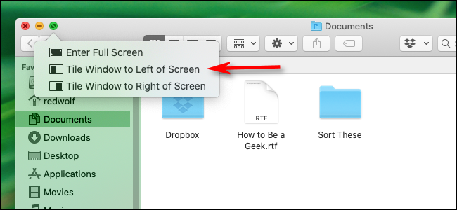 Меню начала режима Split View в macOS
