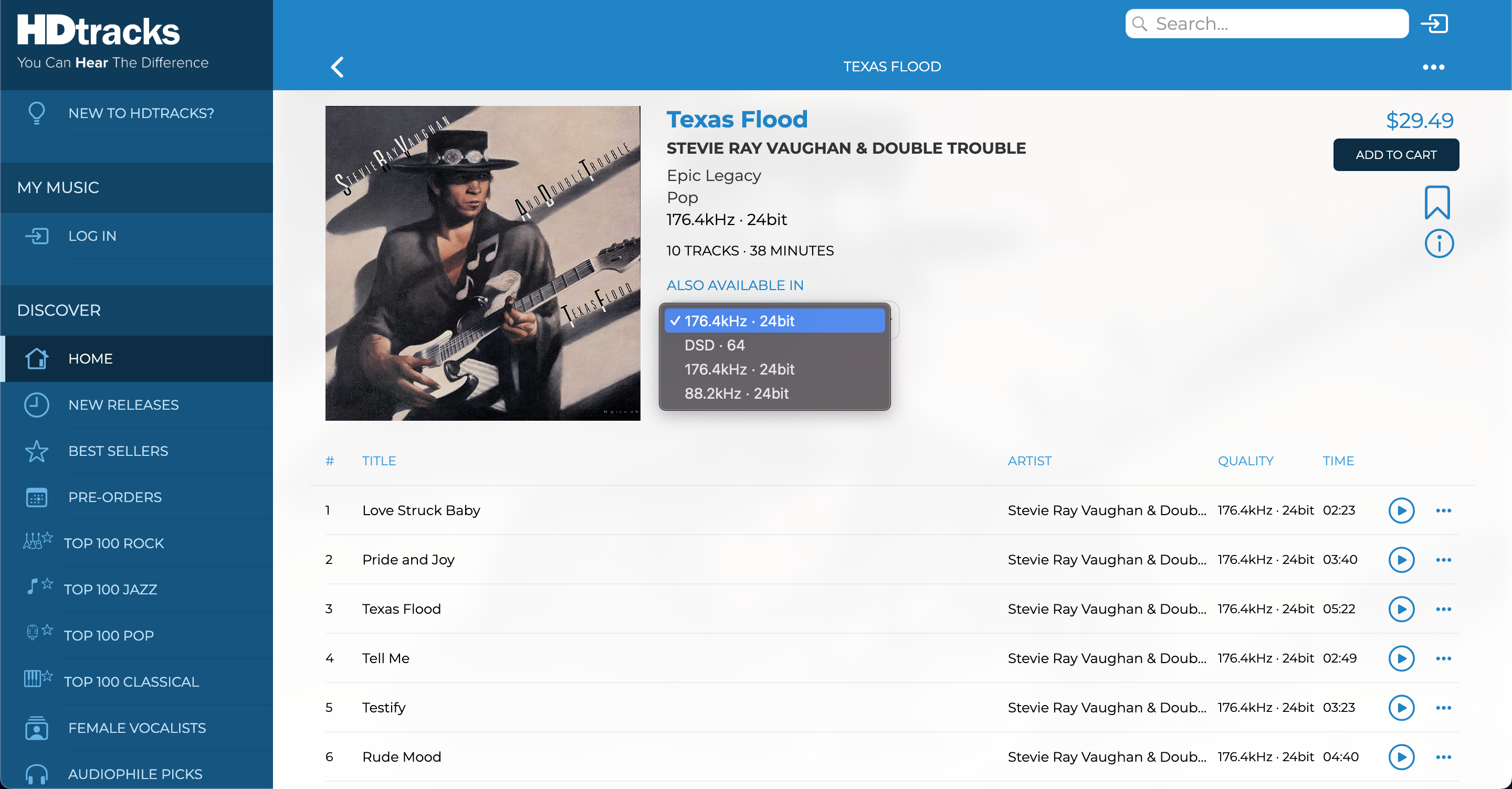 Интерфейс магазина HDtracks с выбором качества аудиофайлов.