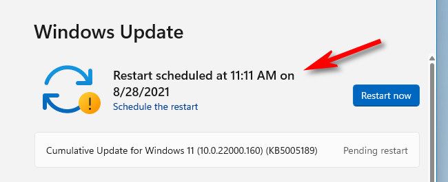Подтверждение запланированной перезагрузки на странице обновлений Windows