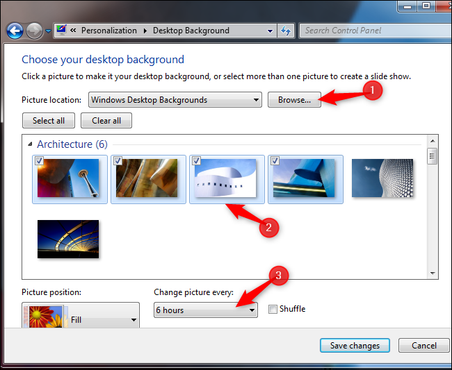Окно выбора фона рабочего стола в Windows 7
